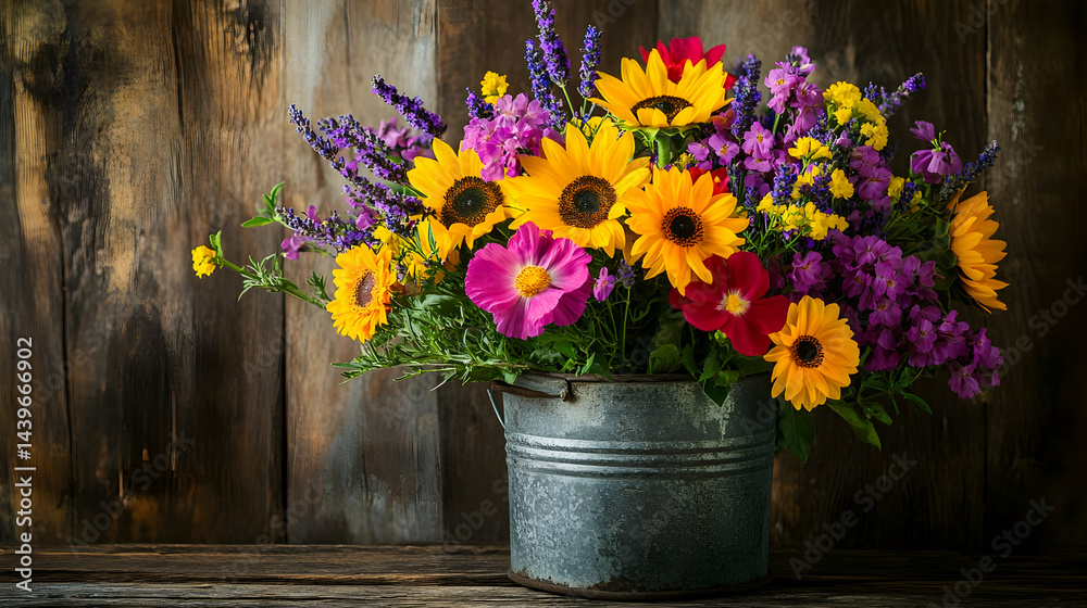 Fototapeta premium Vibrant Summer Flower Bouquet in Rustic Metal Bucket