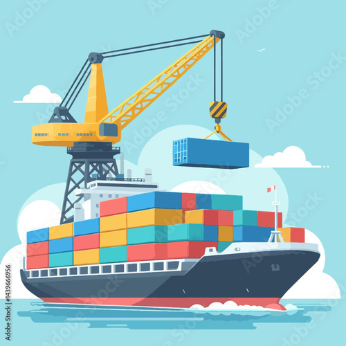 Large container ship, brightly colored shipping containers, and a yellow crane, all designed in a flat style.