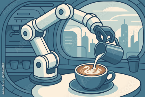 The coffee-tech scene is characterized by a flat layout that incorporates a robotic arm, cups, and sleek pod seating