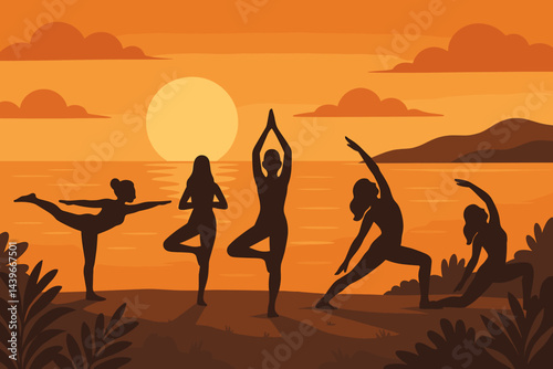 The wellness-travel scene is depicted as flat, emphasizing balance, nature, and glow