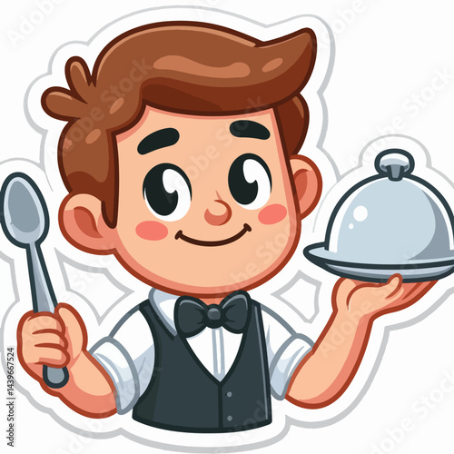 Digital illustration of a cheerful young boy dressed as a waiter, holding a food platter and spoon.