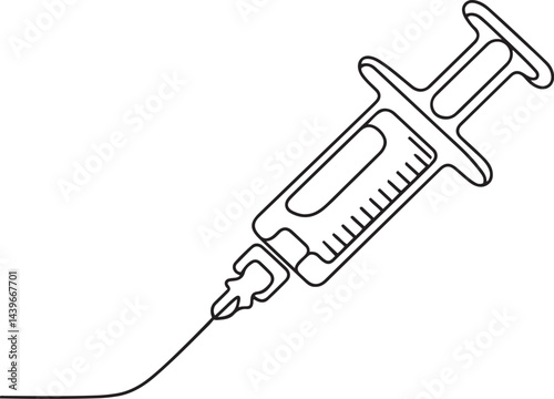 A minimalist vector illustration of a continuous line art drawing of a syringe injecting a substance into the arm of a patient with visible veins on a clean white background