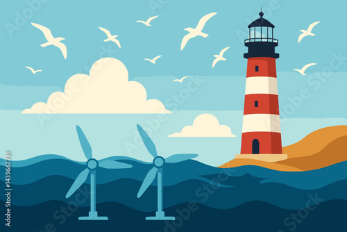 A serene landscape of renewable energy and marine life converges around a lighthouse, wind turbines, and wildlife