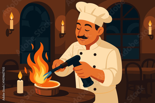 A flat scene of gourmet desserts that captures flame, elegance, and craft