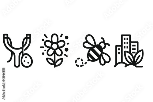 Icons of urban greening that represent launch, bloom, bees, and impact are being depicted