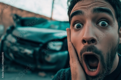 Obraz na płótnie Shocked Face with Crashed Car w salonie
