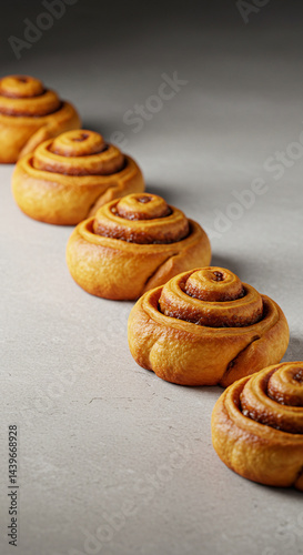 Rows of Cinnamon Rolls, Appetizing, Lined Up, on Gray Surface