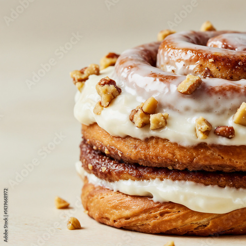 Stacked Cinnamon Rolls, Tempting, Piled High, on Beige Background
