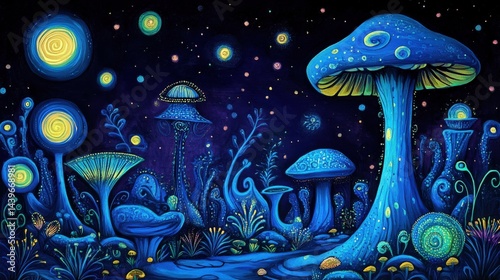 Vibrant Blue Mushroom Landscape with Celestial Elements and Stars