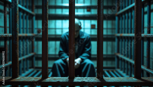 A person sits alone inside a prison cell behind the rusted bars, a scene of isolation.