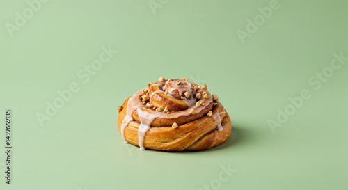 Appetizing Cinnamon Roll, Tasty, Displayed, on Light Green Background