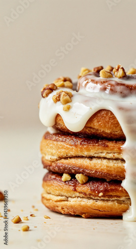 Stack of Cinnamon Rolls, Appetizing, Dripping with Icing, on Beige Surface