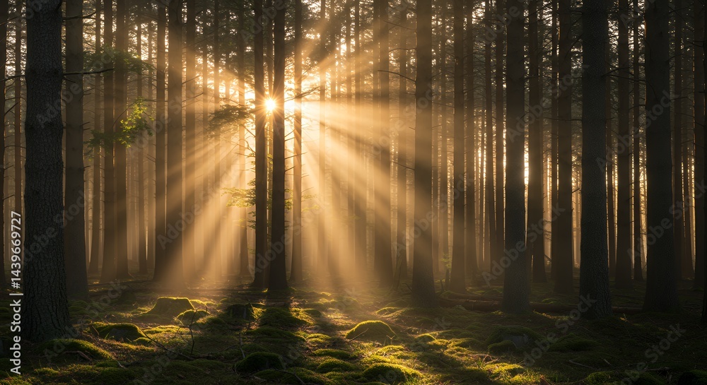 Fototapeta premium Sunbeams Streaming Through Dense Forest Trees at Sunrise
