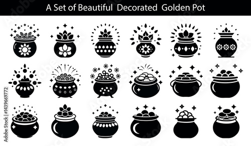 Decorative Golden Pot Icons Set, Lucky Black Pots with Sparkles, Wealth Symbol Art