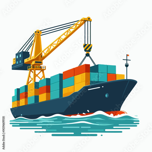 Vivid illustration of a large cargo ship being loaded by a crane, situated above water.