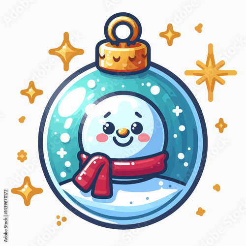 Cartoon snowman, inside a clear glass ball, is presented as a holiday ornament.  Its joyful expression and red scarf add charm.