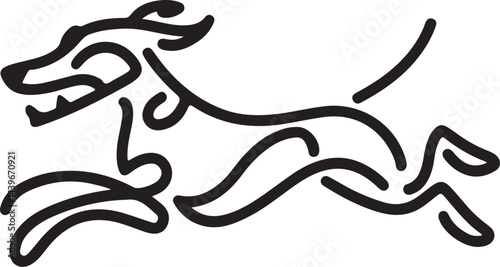A vector illustration of a black linear design of a dog silhouette performing a jumping running action with mouth open and teeth showing on a white background