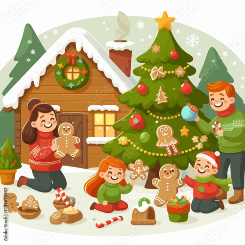 Family is having fun decorating a Christmas tree and making gingerbread cookies near a cozy wooden cabin.