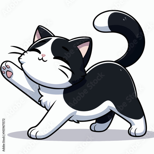 Charming, cartoonish depiction of a black and white cat, dynamically positioned with an uplifted paw.