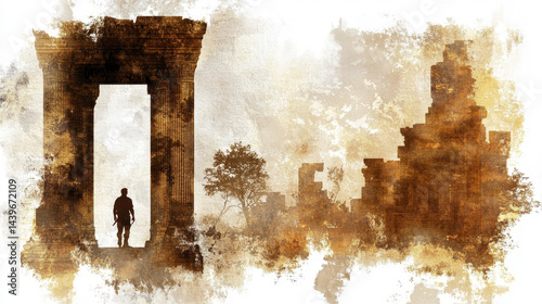 silhouette of adventurer stands ancient archway, surrounded by misty landscape of ruins and trees, evoking sense of