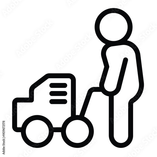 Builder man with manual asphalt roller line icon, making road concept. Vector graphics. Man with roller, construction sign on white background, style for mobile or design.