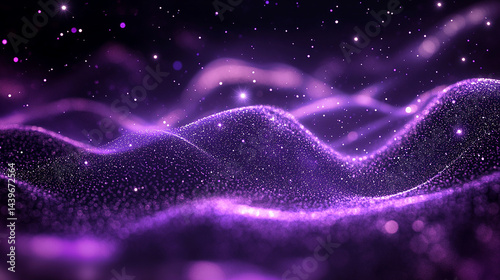 Shimmering purple particles form abstract, flowing waves.