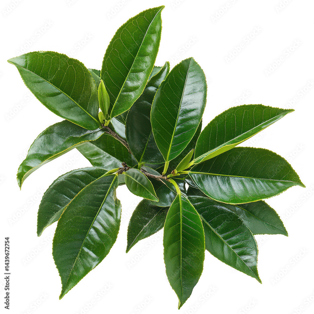 Fototapeta premium Detailed close up of a vibrant tea plant branch with glossy green leaves isolated on a black backdrop