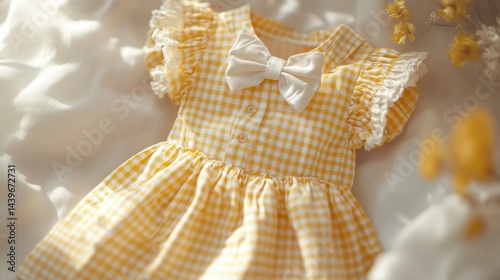 Obraz na płótnie Charming Yellow Gingham Dress with Bow for Children’s Fashion w salonie