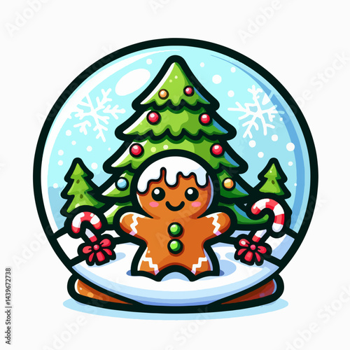 Cheerful gingerbread man figurine, nestled within a snow globe, amidst a festive Christmas scene.