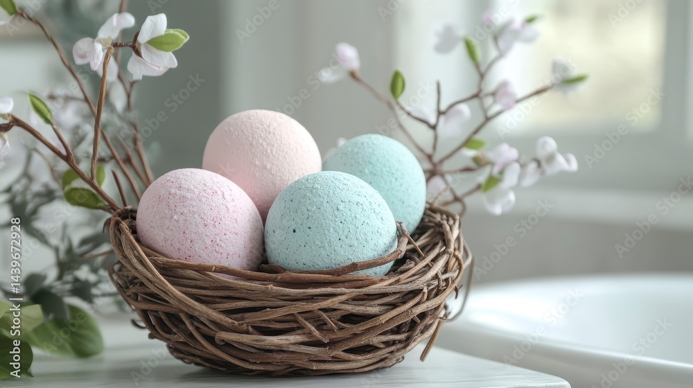 Colorful Easter Eggs Nestled in a Decorative Woven Basket