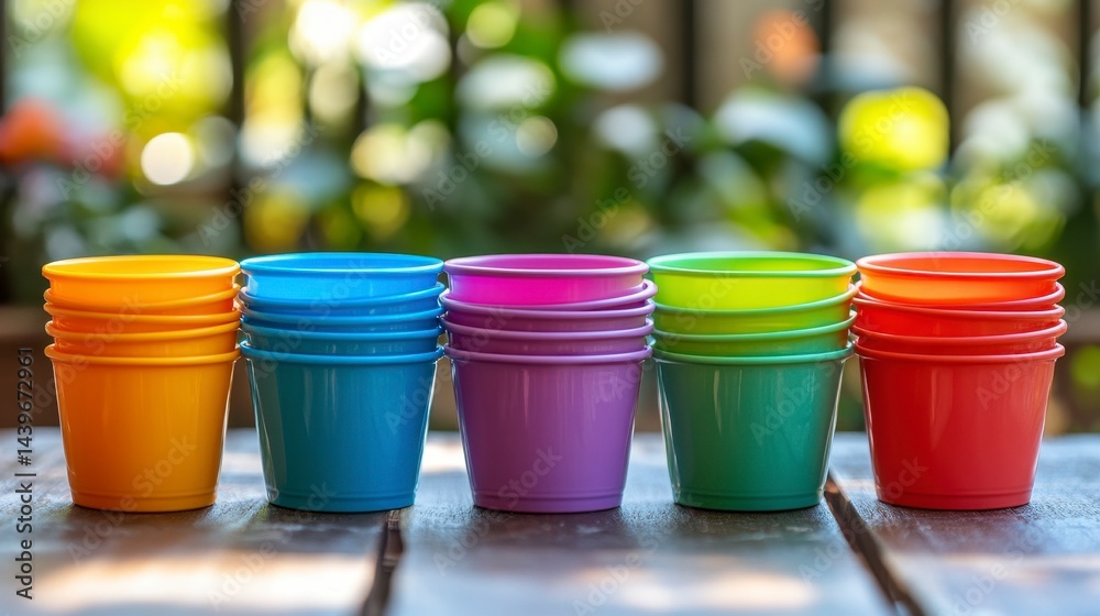 Brightly Colored Plastic Cups Arranged in a Vibrant Display