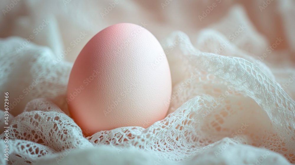 Delicate Pink Egg on Soft White Lace Background with Gentle Light