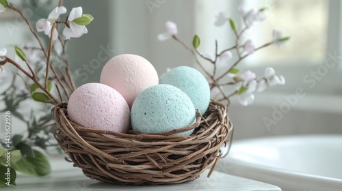 Obraz na płótnie Colorful Easter Eggs Nestled in a Decorative Woven Basket w salonie