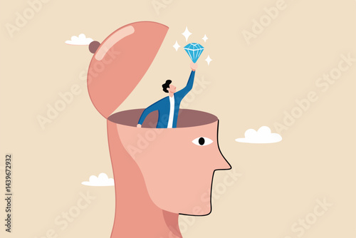 Self discovery, finding yourself searching for self value, success dream or meaning of life, exploration, inner or inside concept, happy businessman succeed finding valuable diamond inside his head.
