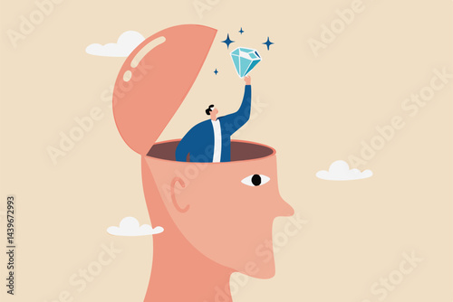 Self discovery, finding yourself searching for self value, success dream or meaning of life, exploration, inner or inside concept, happy businessman succeed finding valuable diamond inside his head.