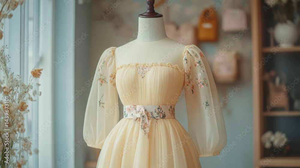 Charming Yellow Dress with Puff Sleeves and Floral Embroidery Details