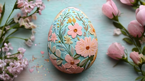 Decorative Easter Egg with Floral Patterns and Soft Pastel Colors