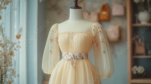 Obraz na płótnie Charming Yellow Dress with Puff Sleeves and Floral Embroidery Details w salonie