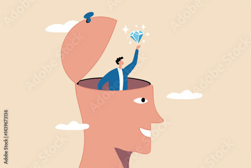 Self discovery, finding yourself searching for self value, success dream or meaning of life, exploration, inner or inside concept, happy businessman succeed finding valuable diamond inside his head.