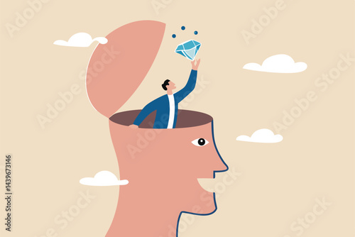 Self discovery, finding yourself searching for self value, success dream or meaning of life, exploration, inner or inside concept, happy businessman succeed finding valuable diamond inside his head.