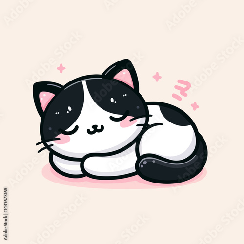 Charming cartoon black and white cat, depicted in a relaxed sleeping position.