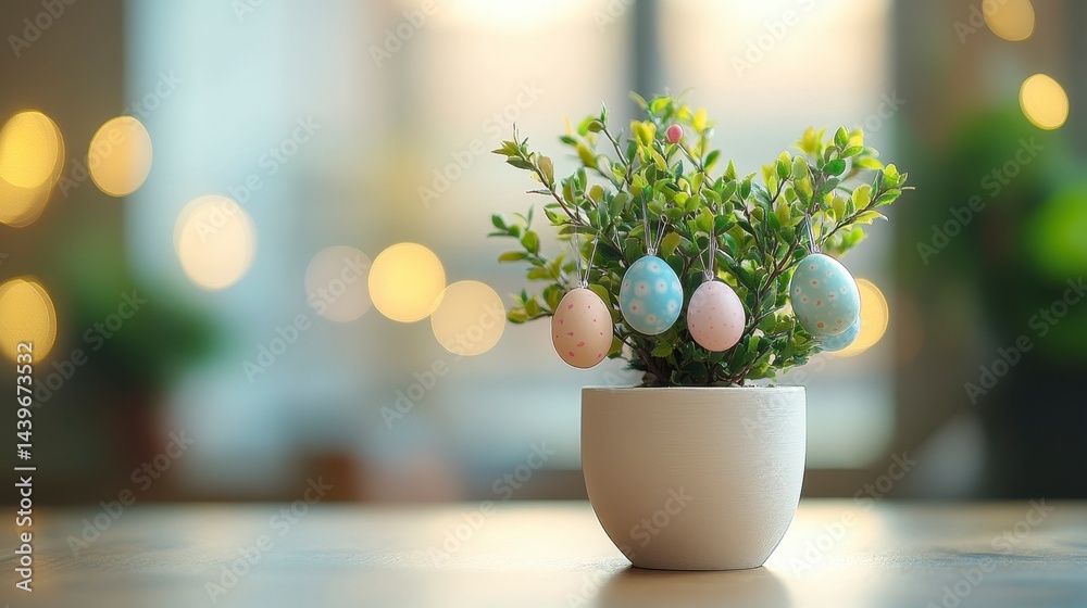 Easter Decor with Colorful Eggs Hanging on Small Potted Plant