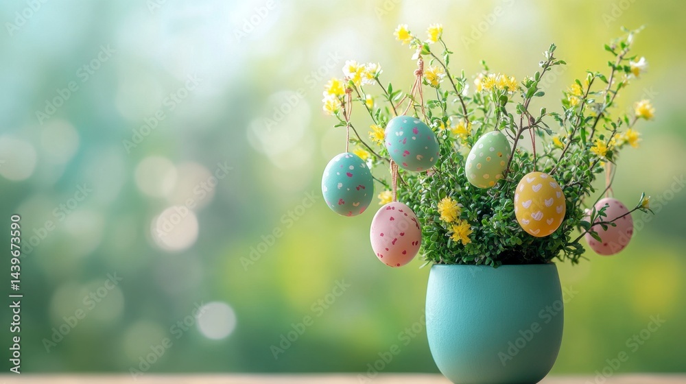 Colorful Easter Eggs in Blooming Spring Flowers in a Blue Pot