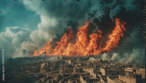 Devastating flames consume a war-torn cityscape, plumes of dark smoke rise against a cloudy sky, in