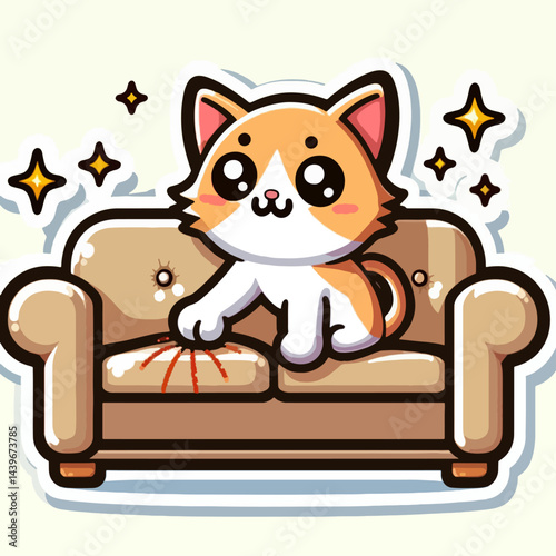 Charming cartoon cat is depicted diligently cleaning a light beige couch.
