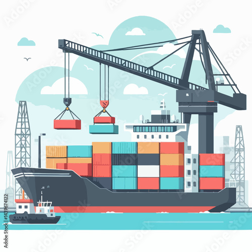 Flat design illustration of a large cargo ship being loaded with containers by a large harbor crane.