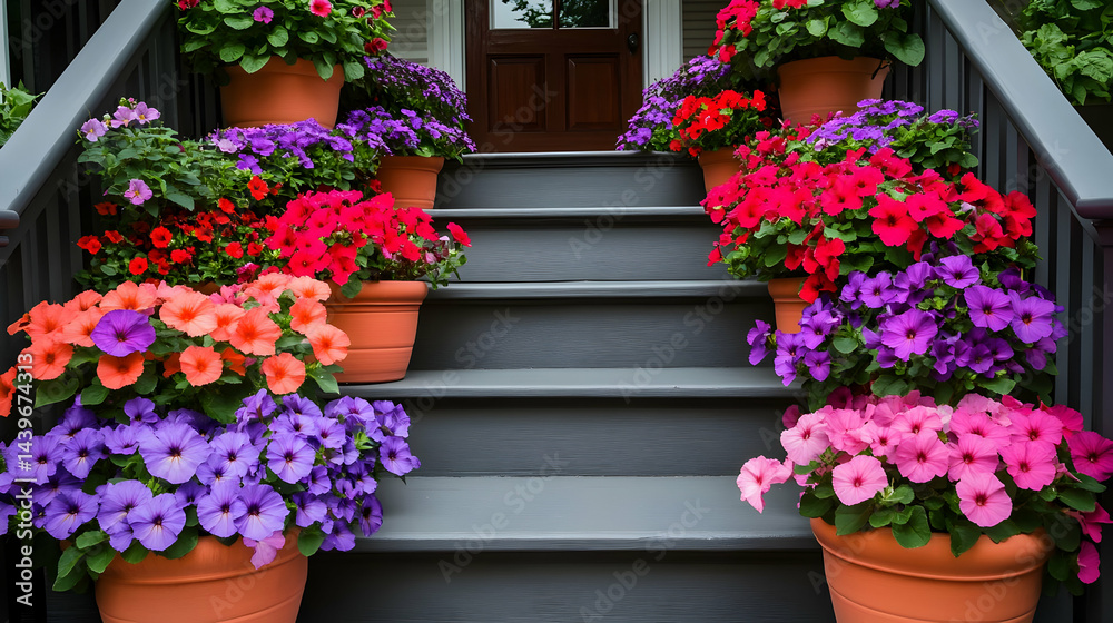 Fototapeta premium Vibrant Petunia Planters Adorn Steps of House