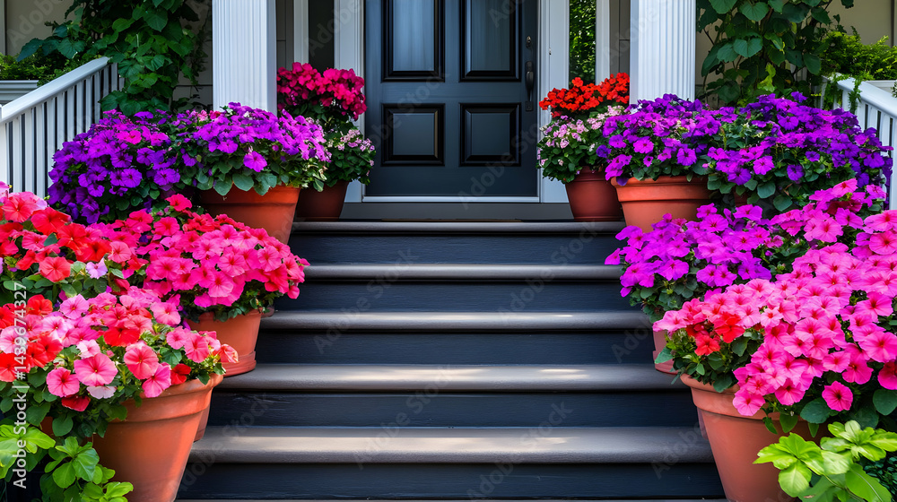 Fototapeta premium Vibrant Petunia Planters Adorn House Entrance