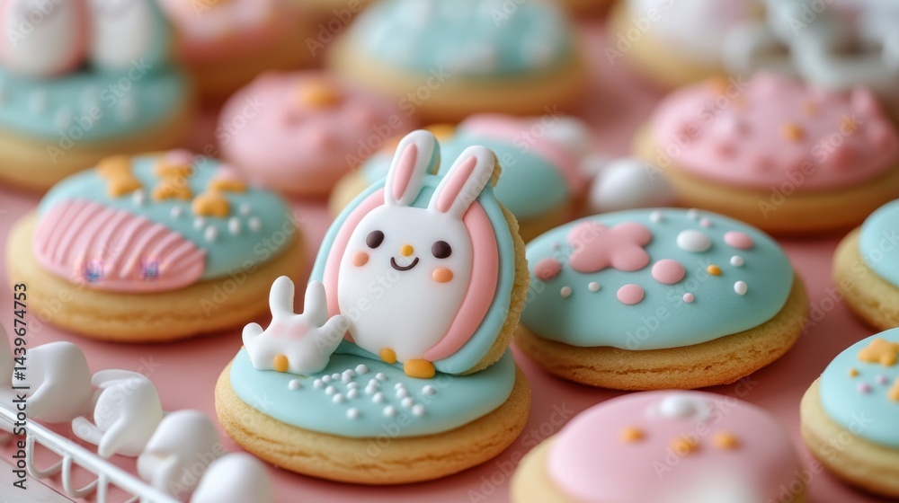 Cute Bunny Decorated Cookies in Pastel Colors for Spring Celebration