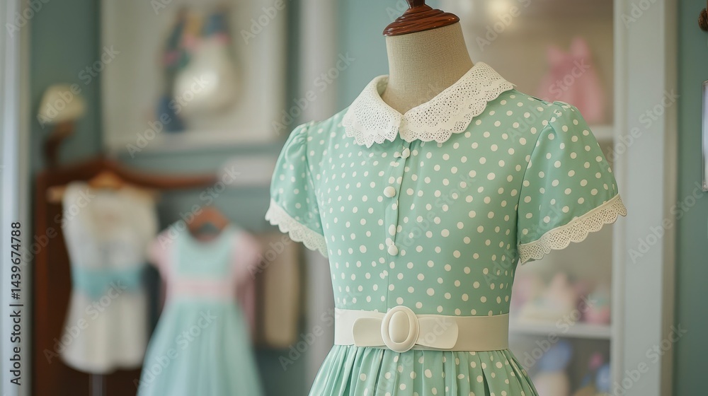 Vintage Style Polka Dot Dress with Collar and Lace Trim in Boutique